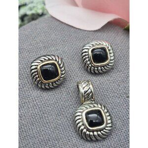 Silver Tone & Black Stud Earrings and Matching Pendant Set Textured Dainty